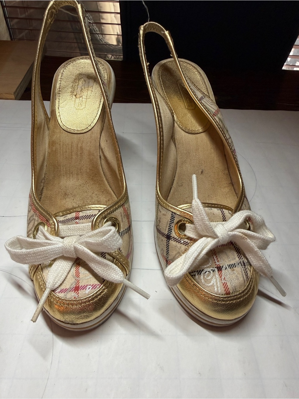 Coach Gold Plaid Slingback Bow Mules